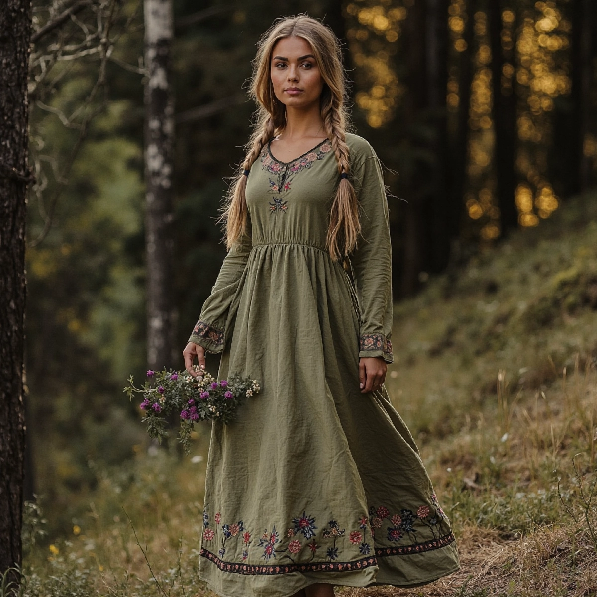 Women's Vintage Cotton Linen Embroidered Floral Dress