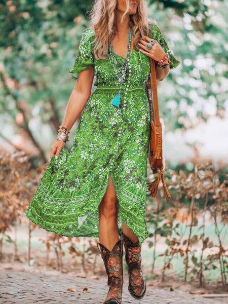 Short Sleeve Bohemian Beach Slit Elastic Skirt