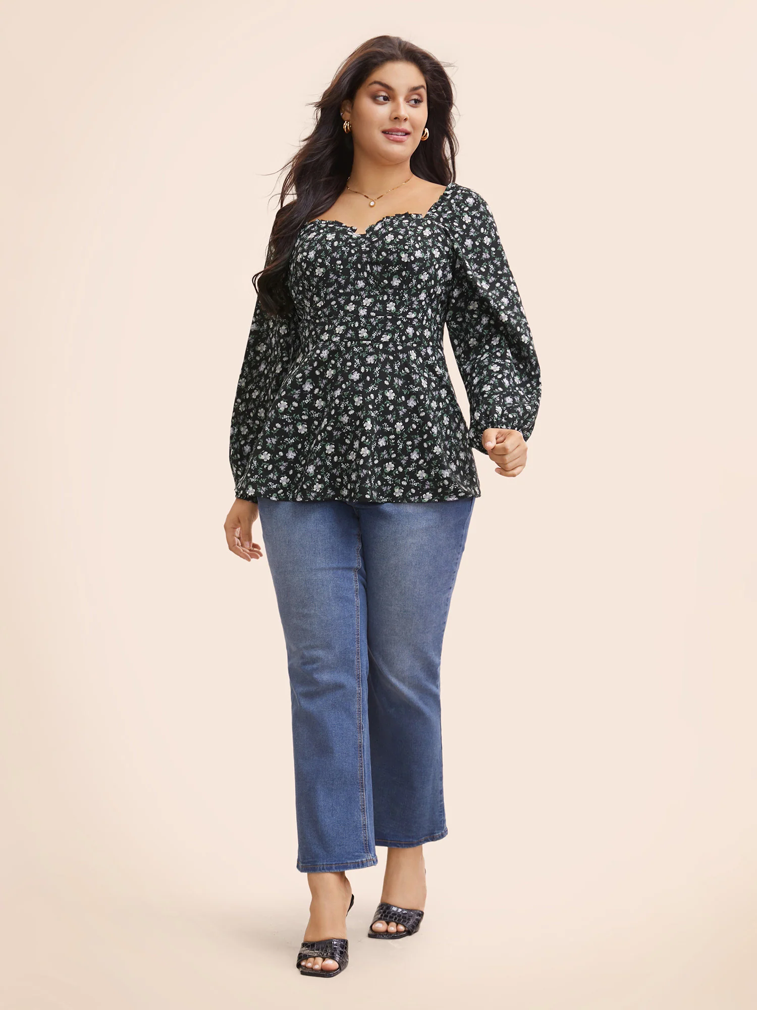 Heart Neckline Ditsy Floral Shirred Blouse