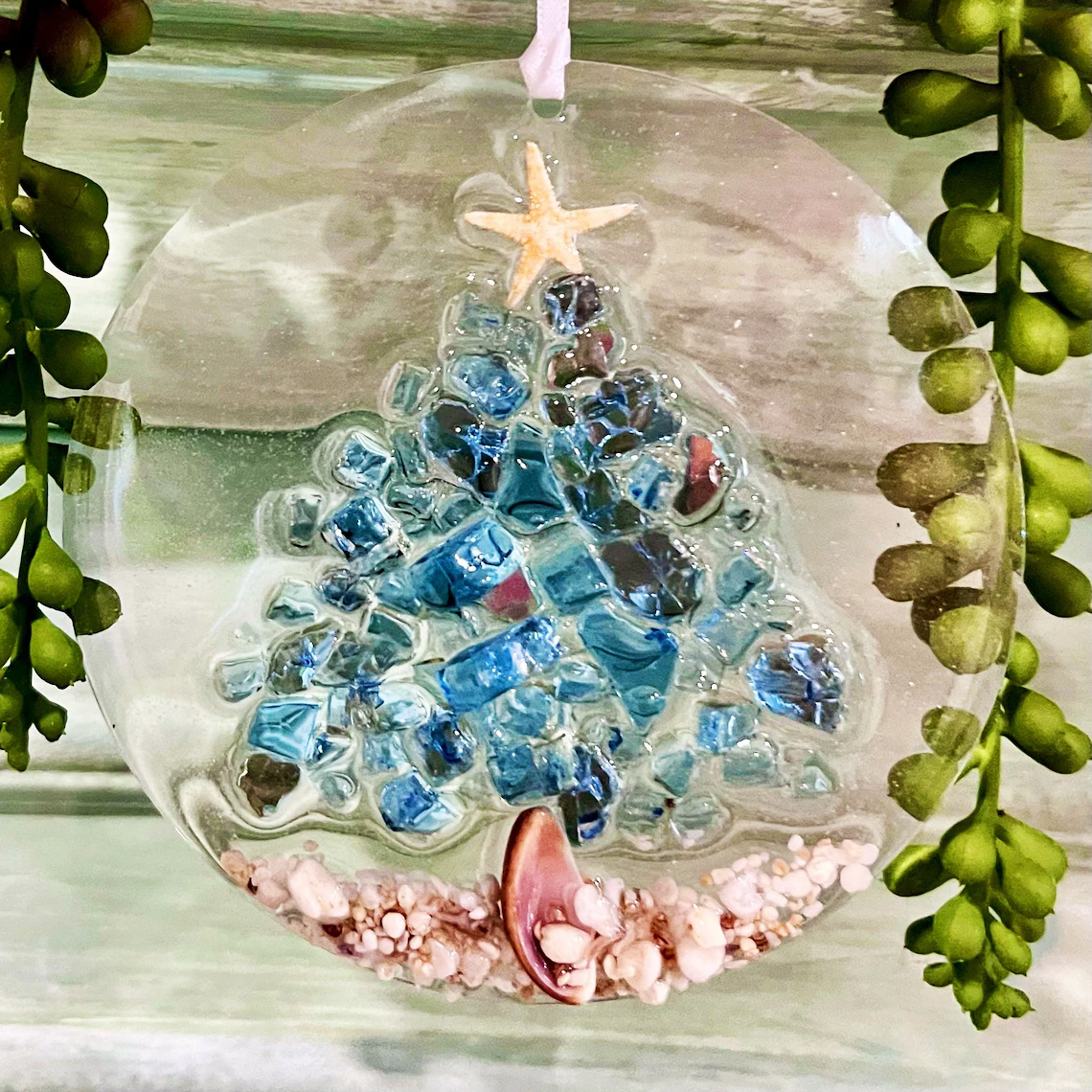 Handcrafted Starfish & Crushed Glass Christmas Ornament