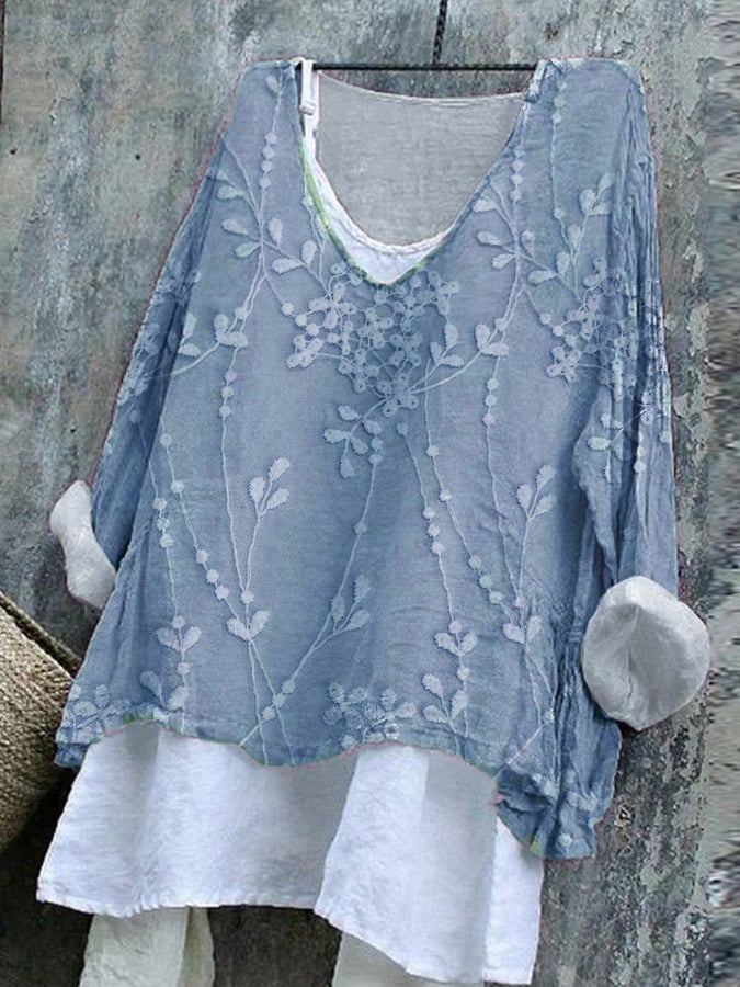 Women's Cotton And Linen Embroidered Printed V-Neck Top