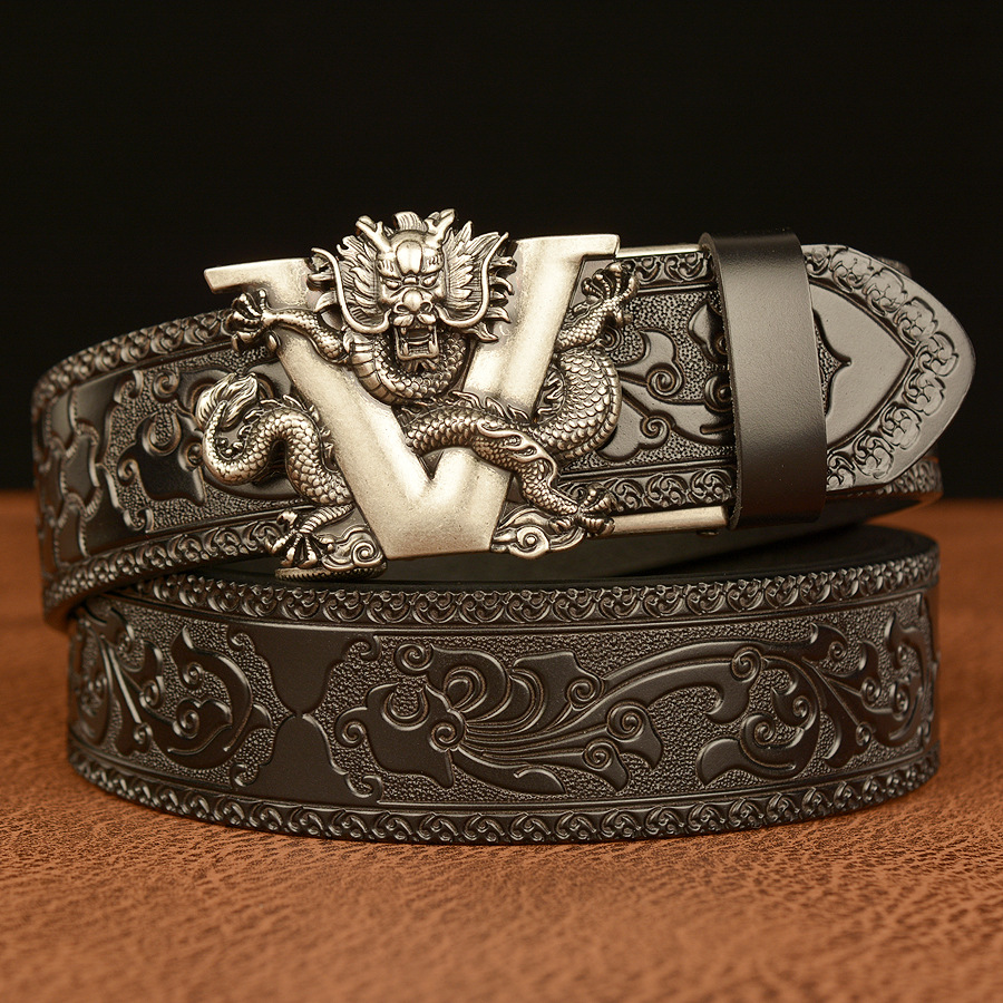 V Faucet Waist Buckle Cowboy Leather 3D Manual Engraved Belt