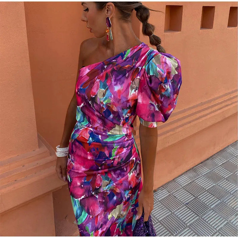 Purple Puff One Shoulder Midi Dress