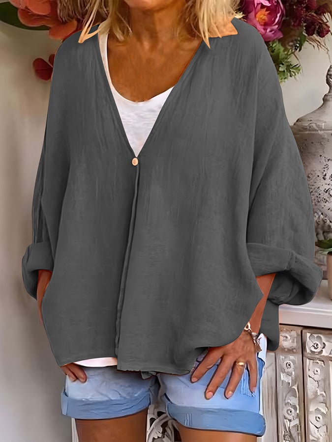 Women's V-Neck Long Sleeve Loose Button Design Casual Shirt