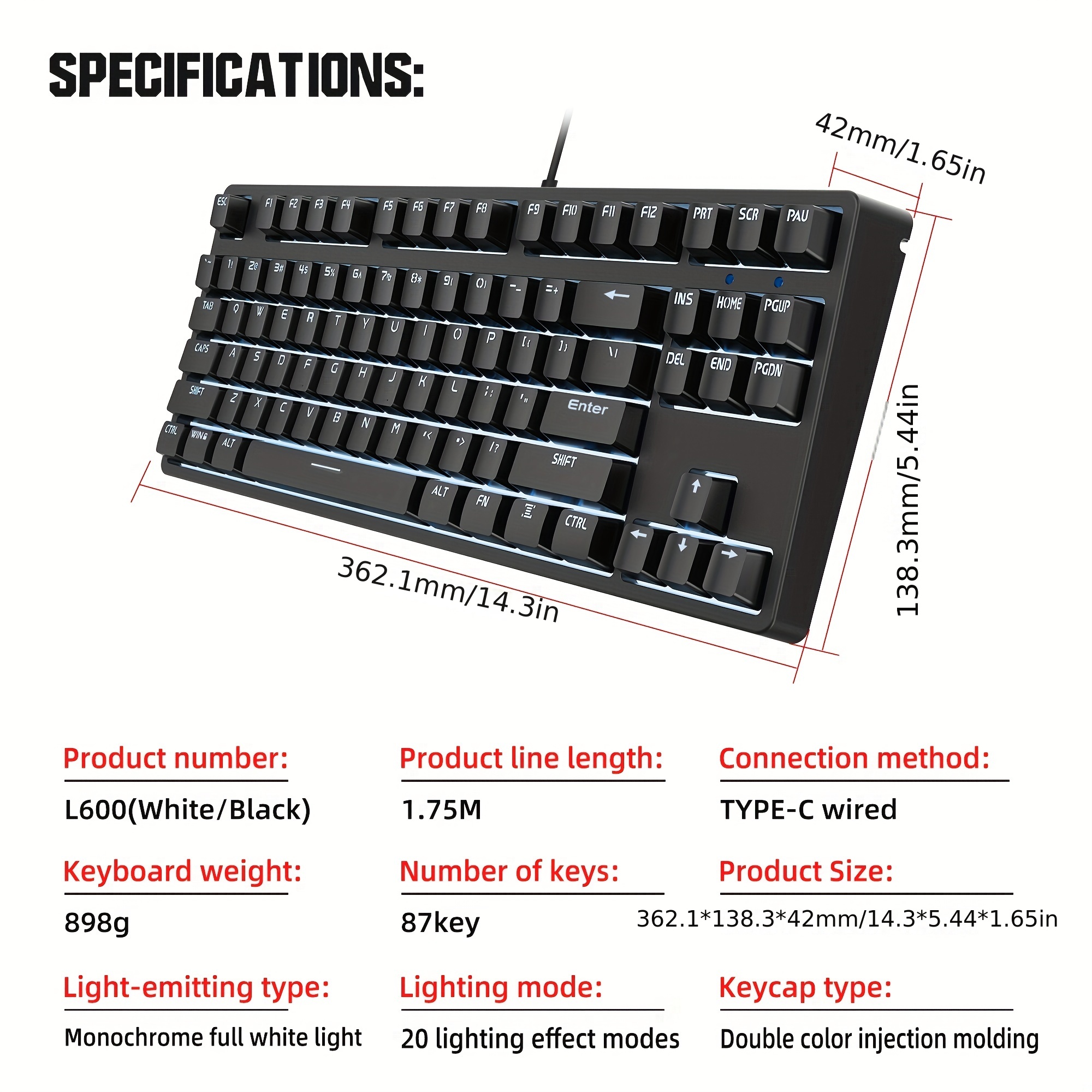 Compact 87-Key Mechanical Gaming Keyboard with Red Switches & Custom PBT Dye Sublimation Keycaps