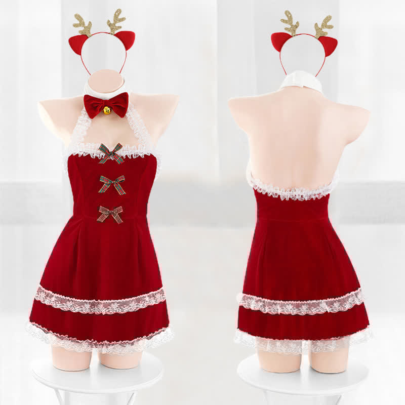 Christmas Halter Bow Knot Lace Lingerie Dress