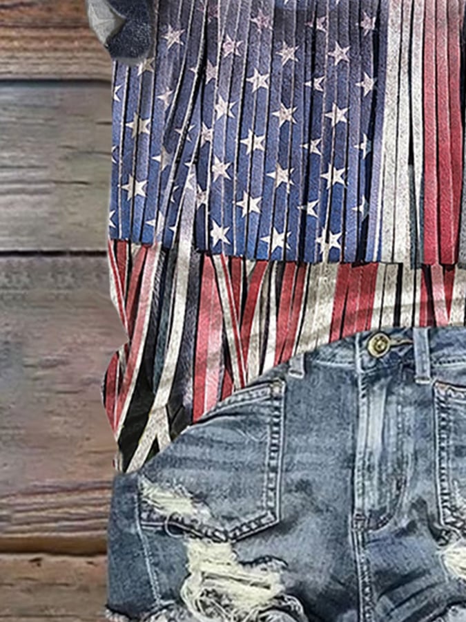 V-Neck Retro Independence Day Flag Color Block Rivets Tassel Print T-Shirt