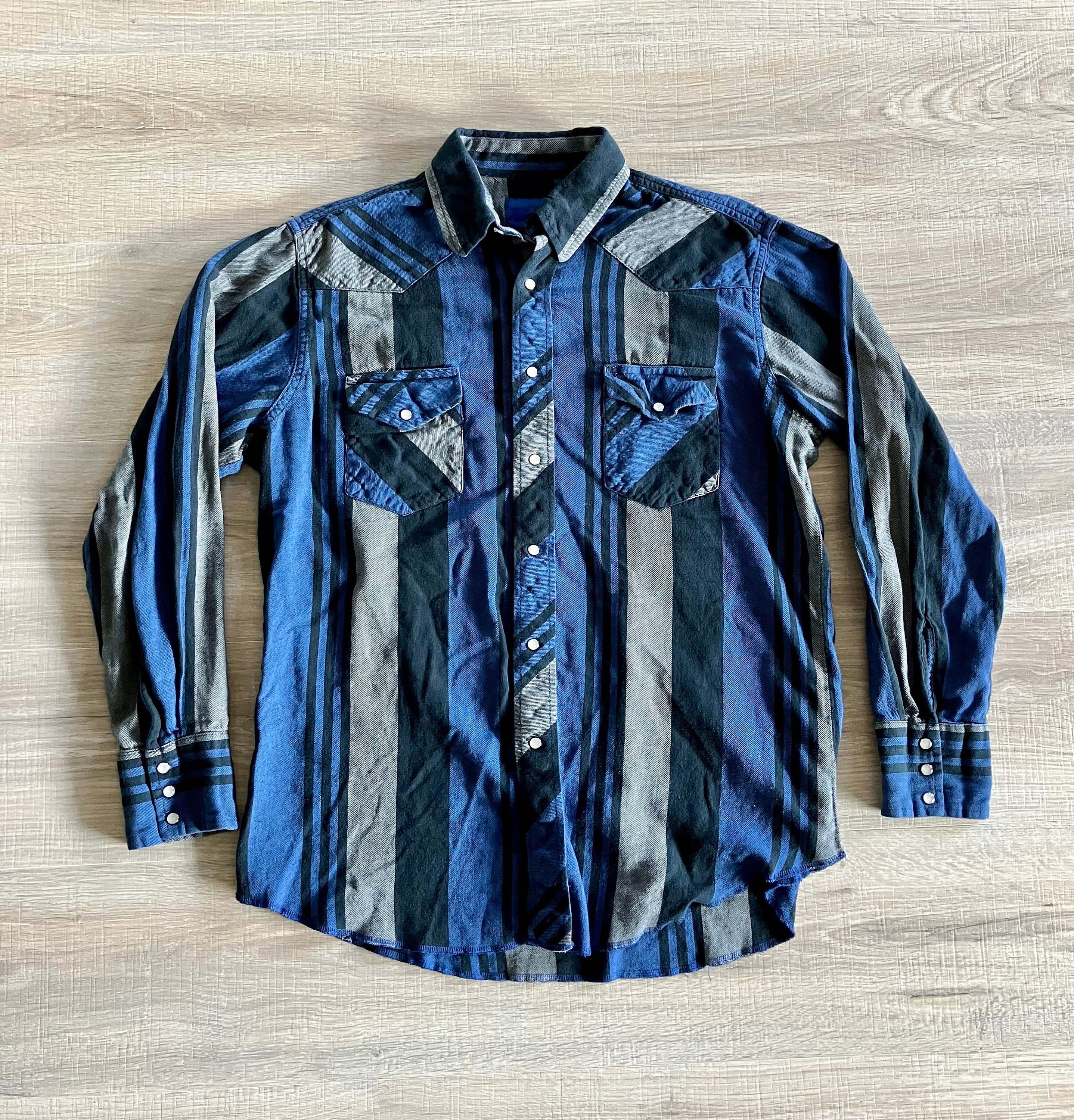 Men's Fashion Western Blue Green Striped Long Sleeve Shirt