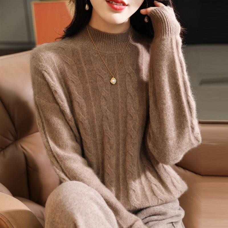 Women's Pure Wool Sweater with Half Turtleneck and Thick Twist Knit Design