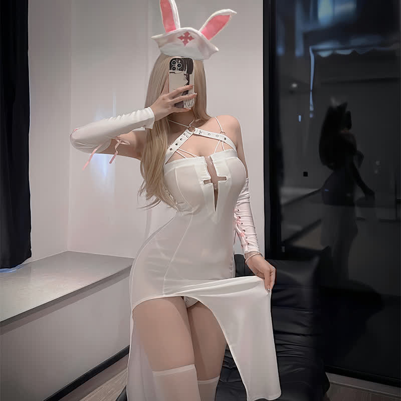 Cosplay Nurse Lace Up Bunny High Split Lingerie Dress