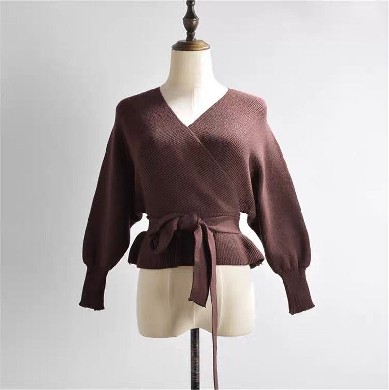 Women's Batwing Coat Knitwear V-neck Exposed Back Bandage Sweater