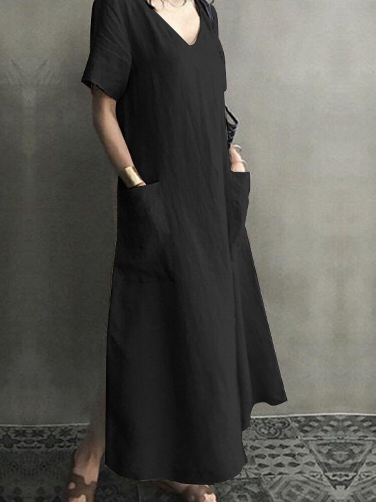 Comfy V-Neck Maxi Dress With Side Pockets