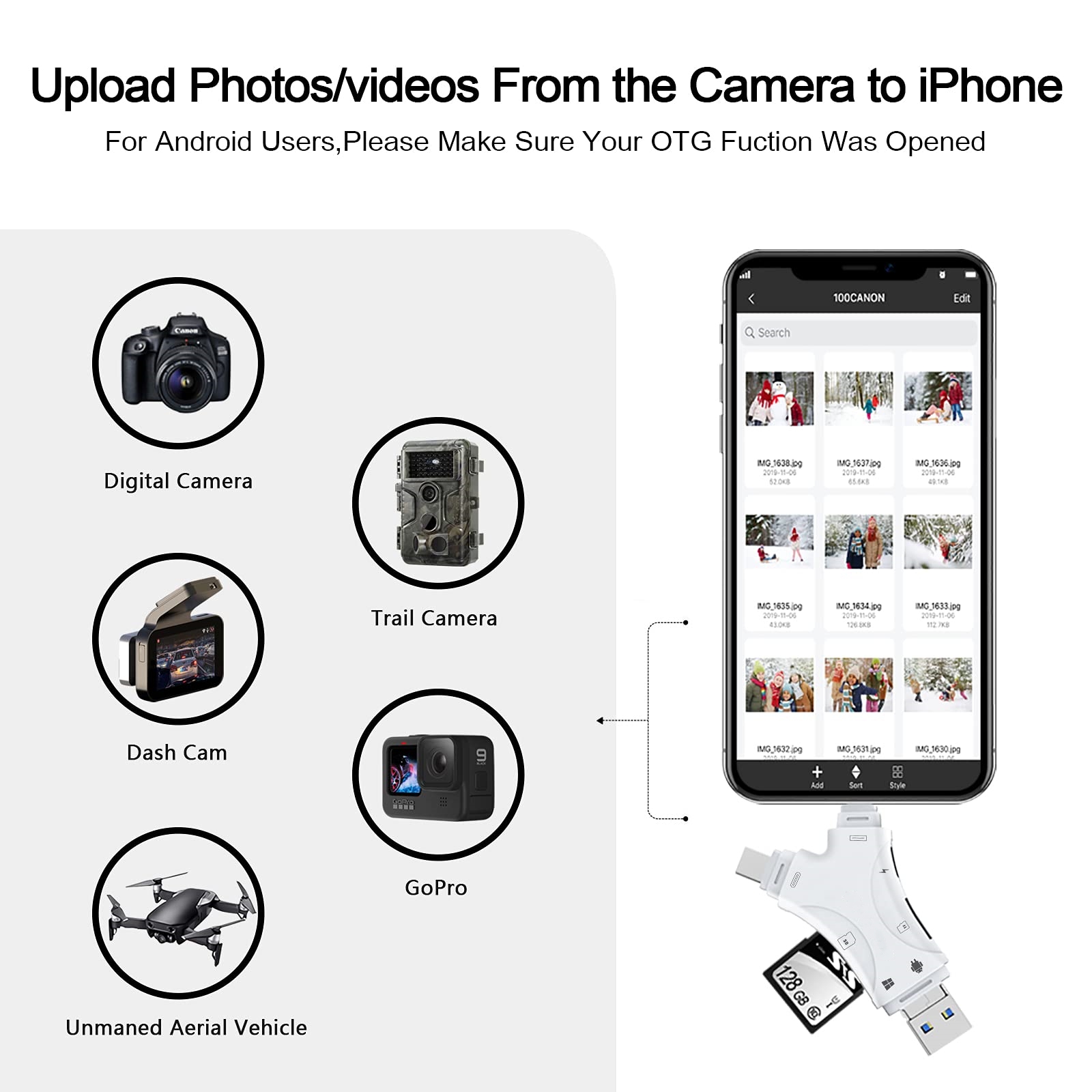 SD Card Reader for iPhone/ipad/Android/Mac/Computer/Camera,4 in1 Micro SD Card Reader Trail Camera Viewer, Portable Memory Card Reader SD Card Adapter for SD and TF Cards