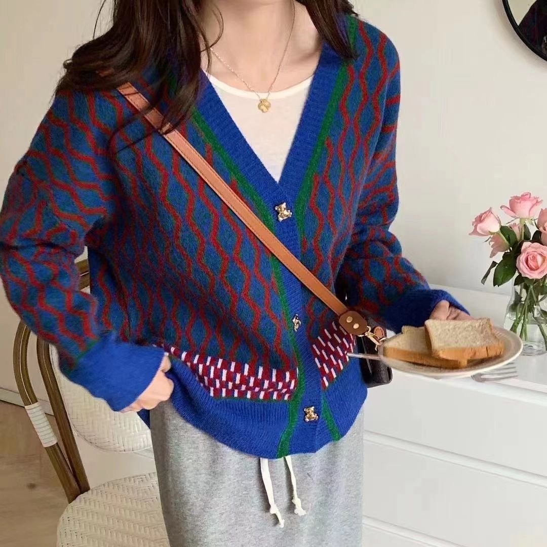Women's Retro Casual V-neck Bear Button Sweater Cardigan Coat