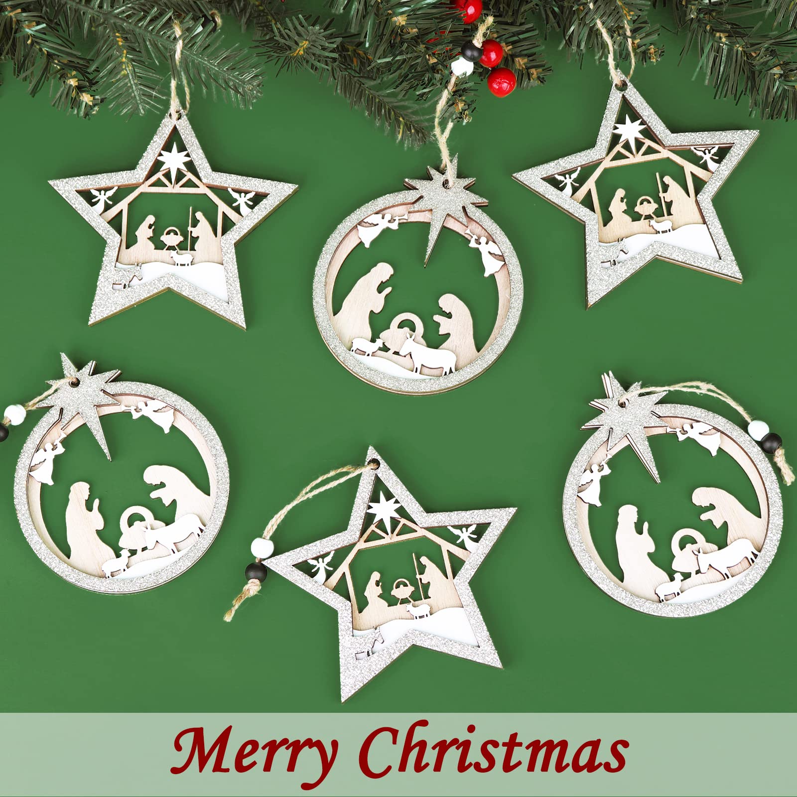 💥ON SALE💥Wooden Carved Nativity Scene - Christian Tree Ornaments🎄