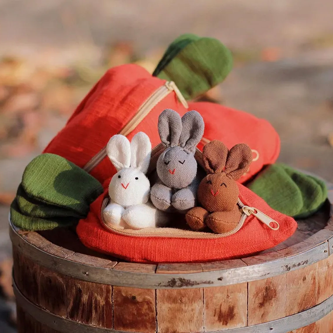 3 Organic stuffed bunnies in carrot zip pouch, Bunny Easter