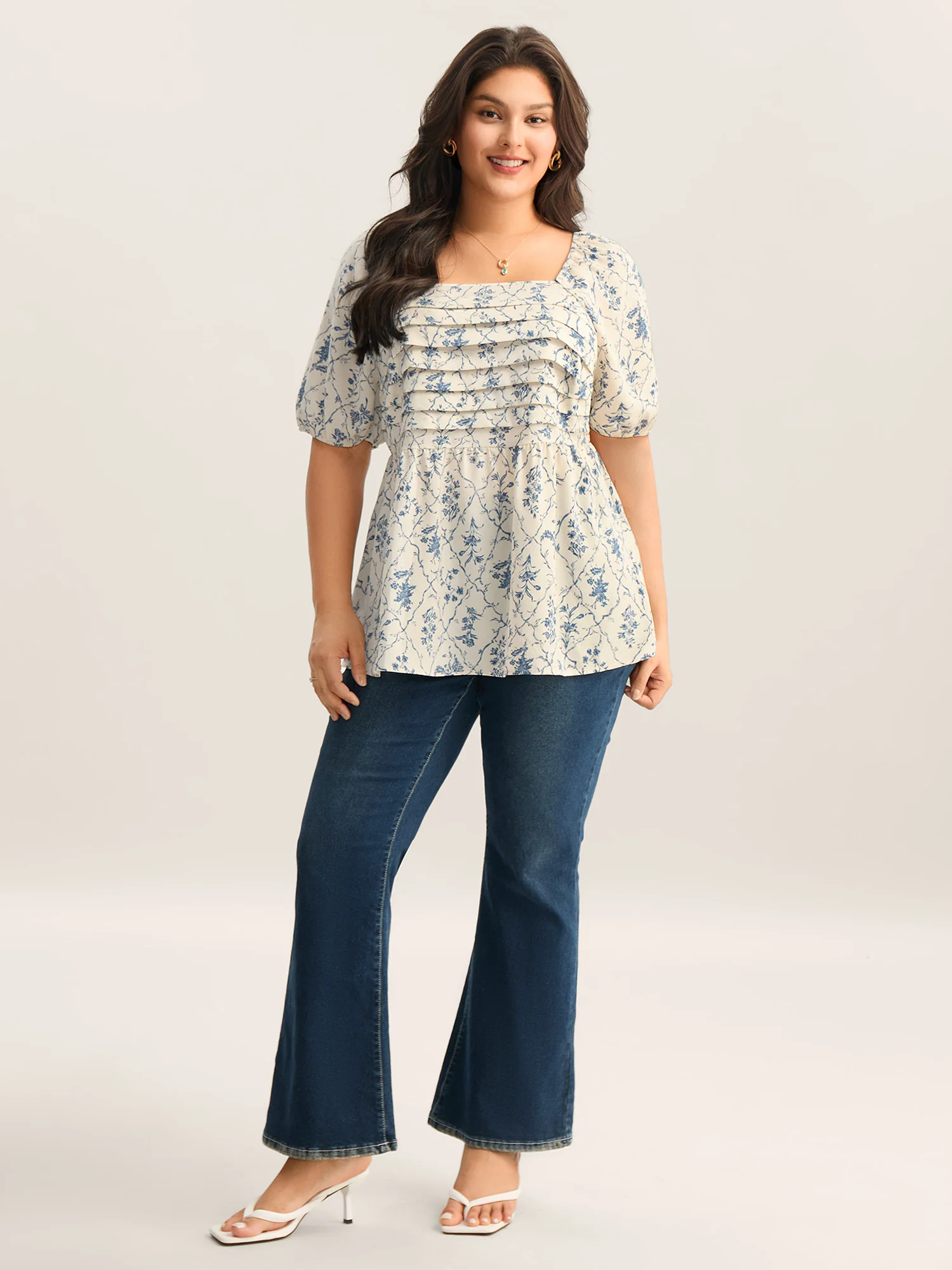 Floral Pleated Bodice Puffy Sleeve Blouse
