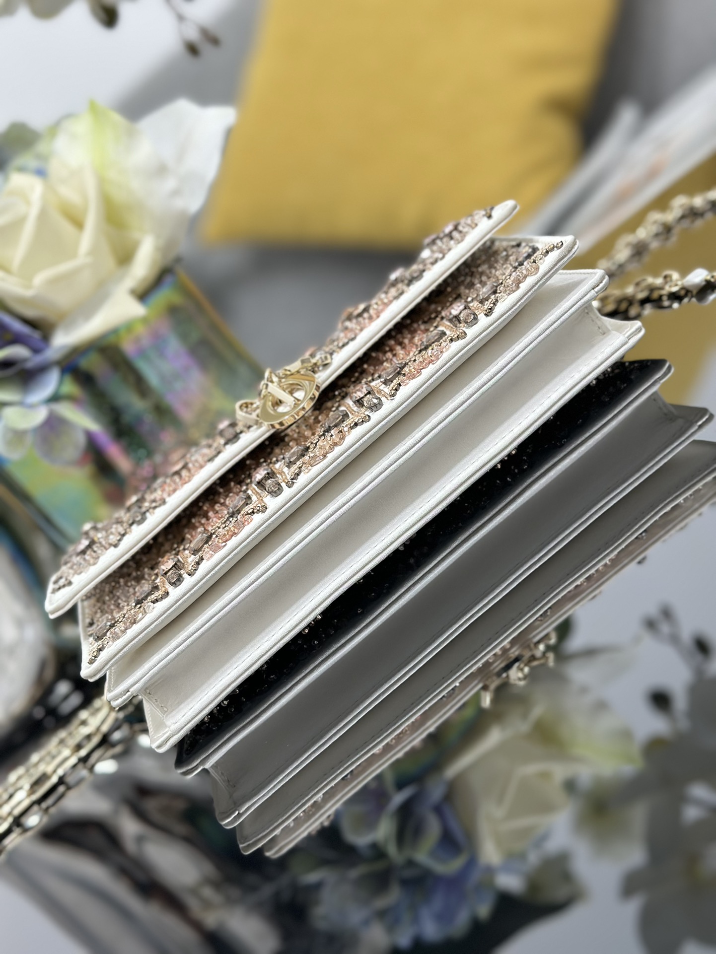 Dior Embroidered White and Pink Diamond Chain Bag M0997