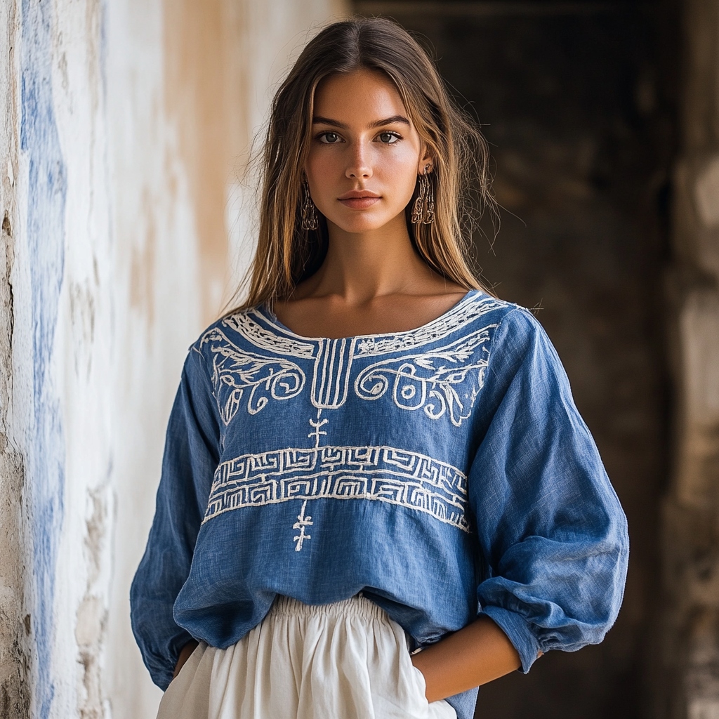 Vintage Greek Key Motif Cretan Embroidery Linen Blend T-shirt