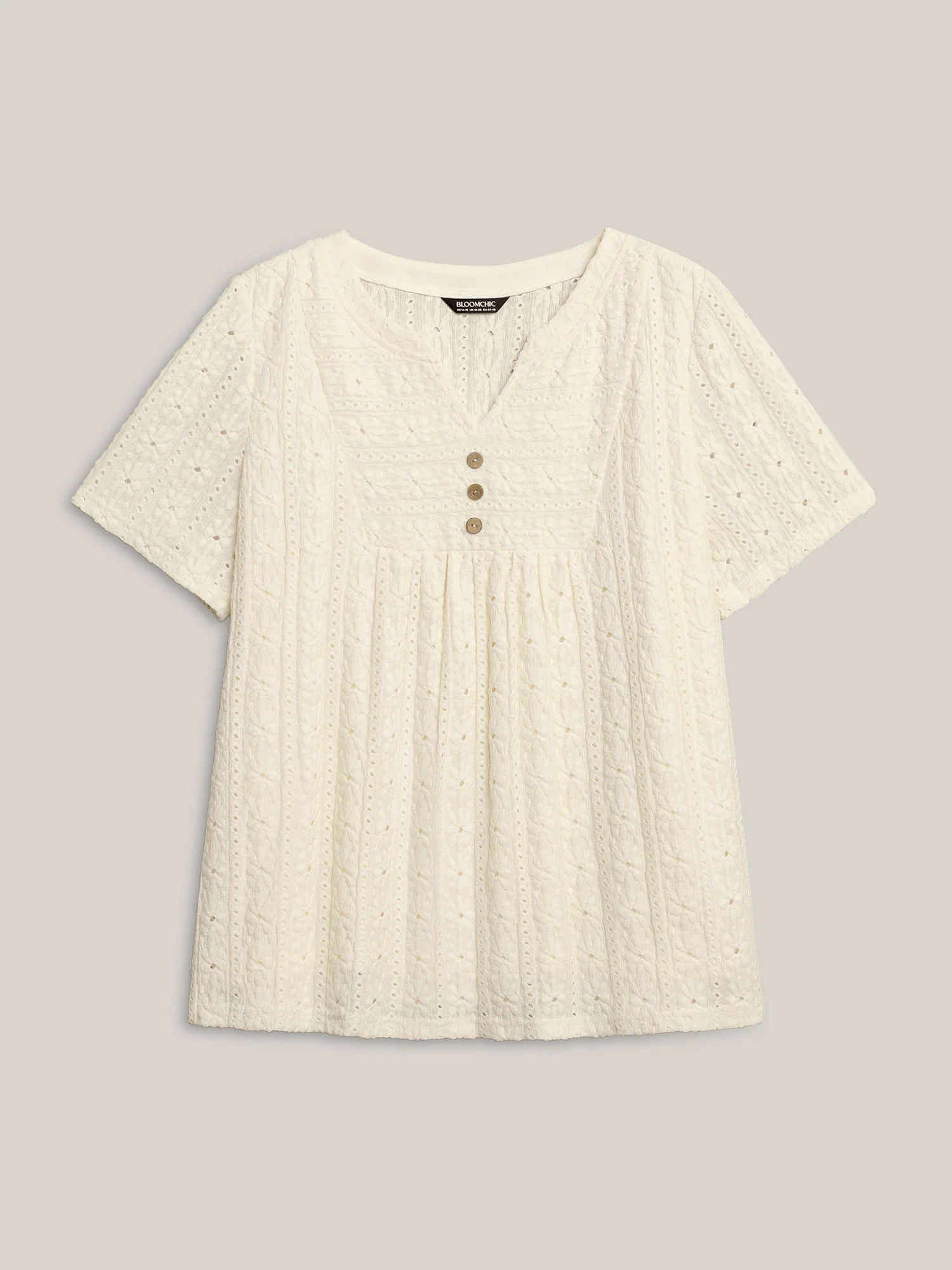 Textured Pleated Split Neck T-Shirt