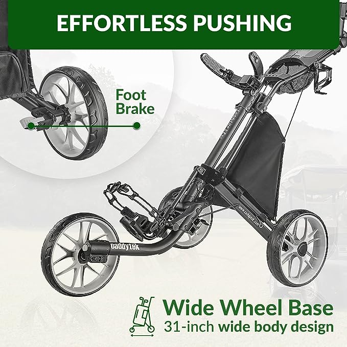 CaddyTek 3 Wheel Golf Push Cart - Foldable Collapsible Lightweight Pushcart with Foot Brake
