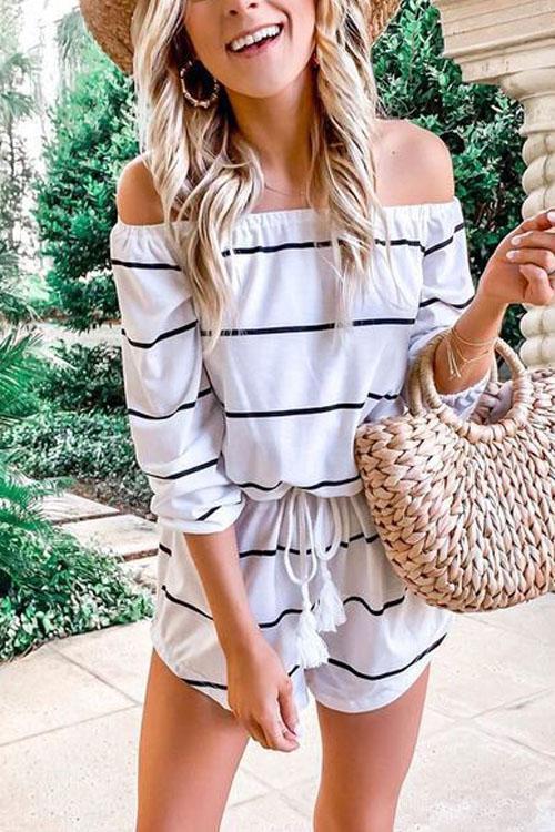 Heididress Oxygen Off Shoulder Beauty Striped Jumpsuit