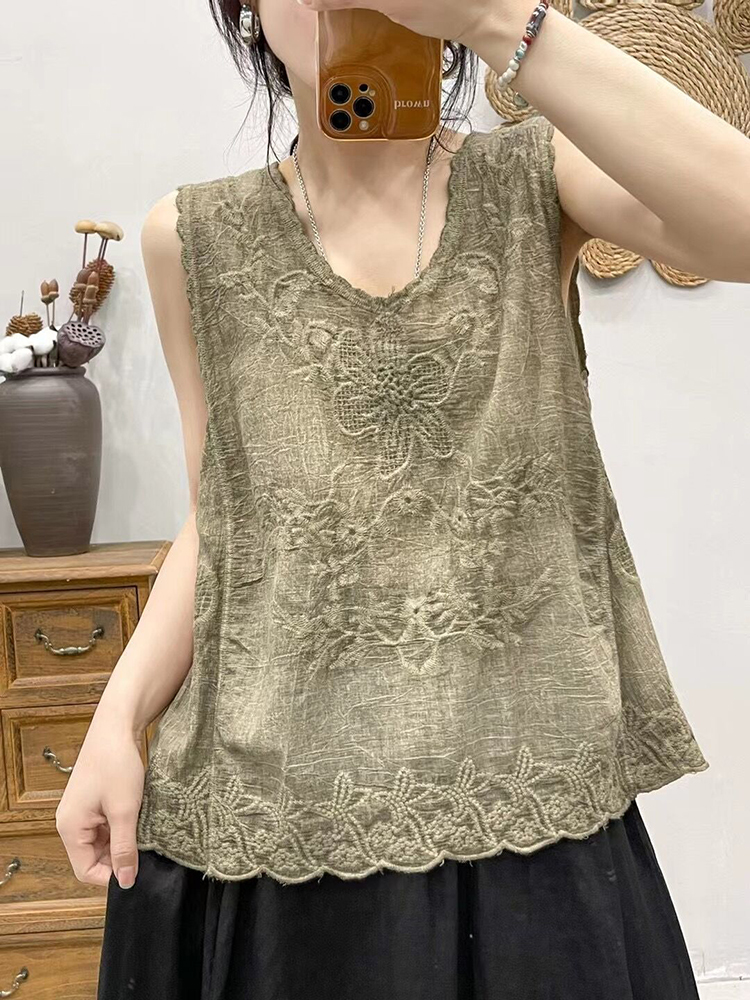 Vintage Plain Jacquard Weave Tank Top