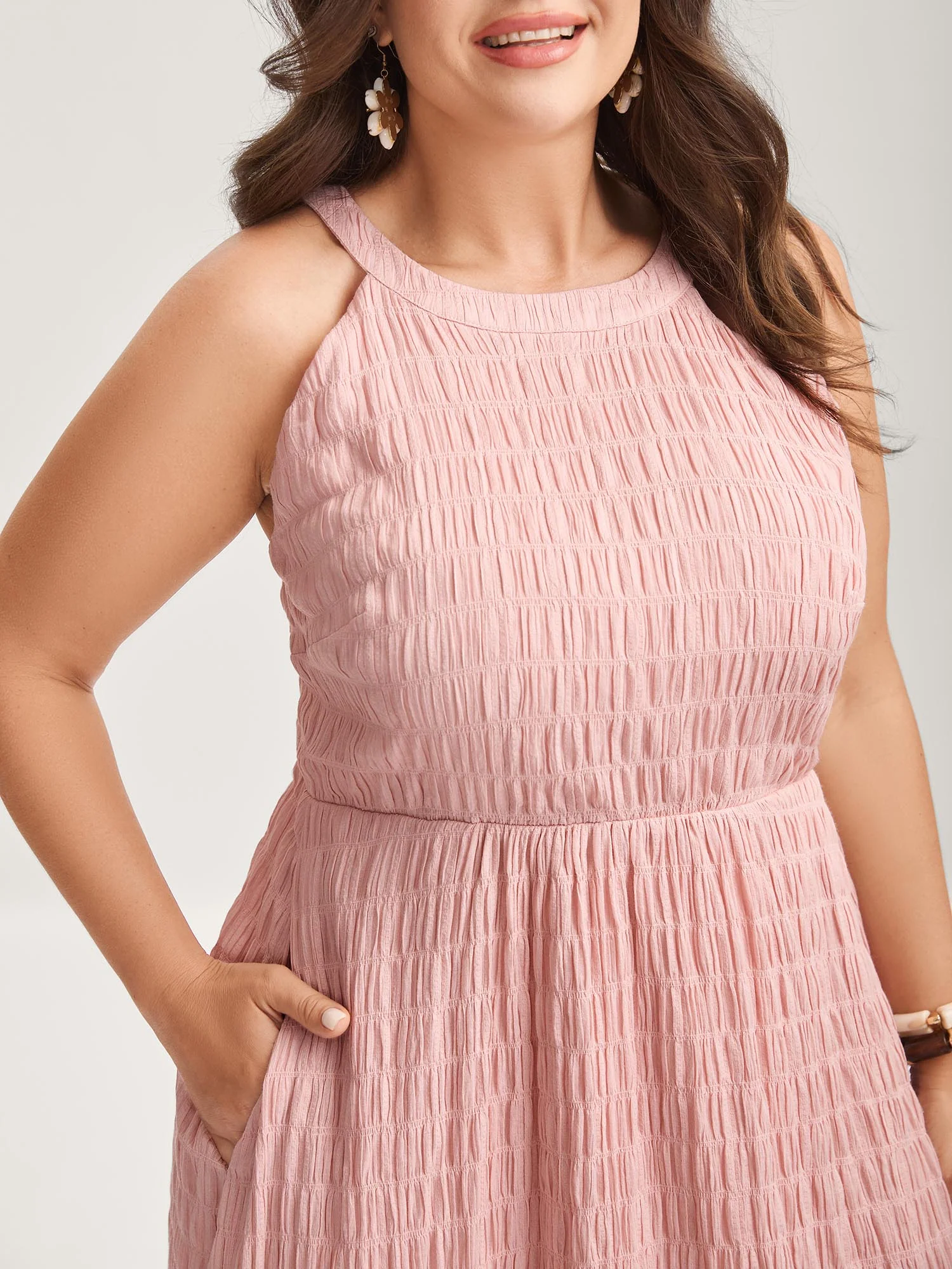 Textured Halter Neck Solid Midi Dress