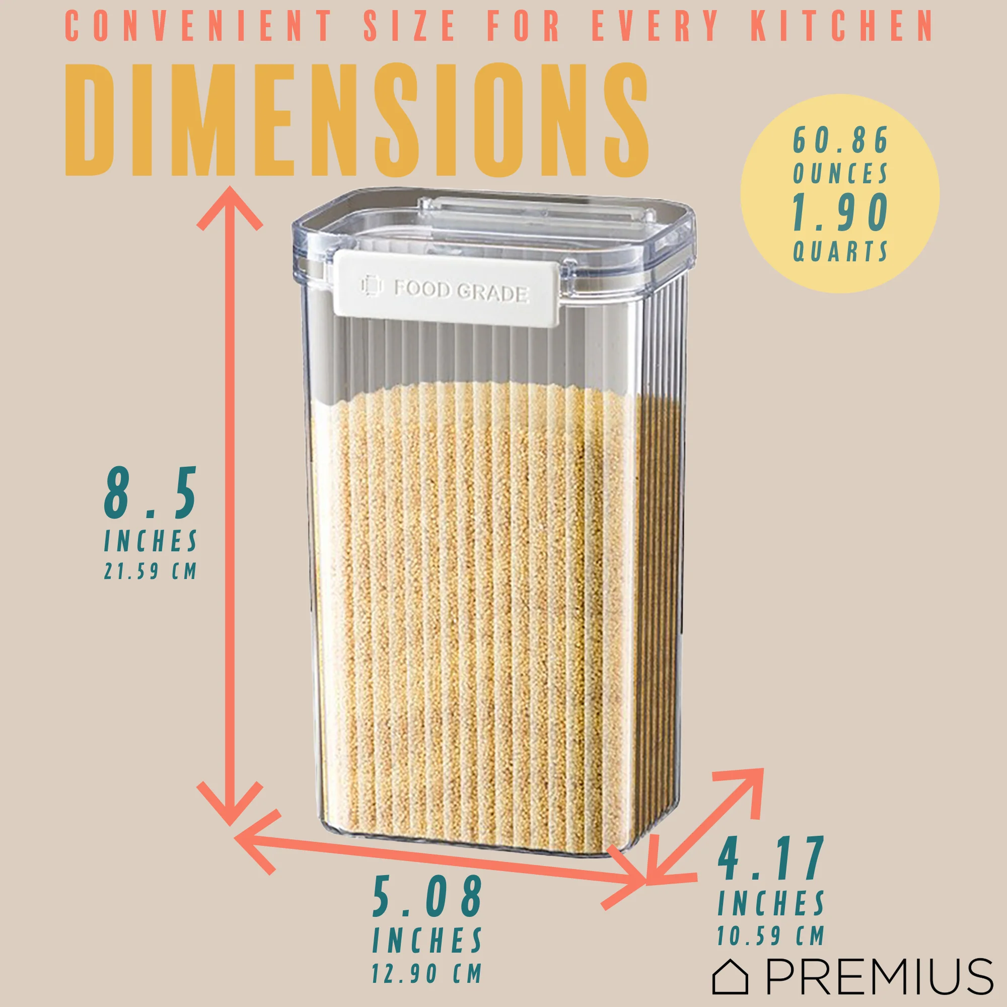 PREMIUS Plastic Food Storage Container, Rectangle, Clear-Natural