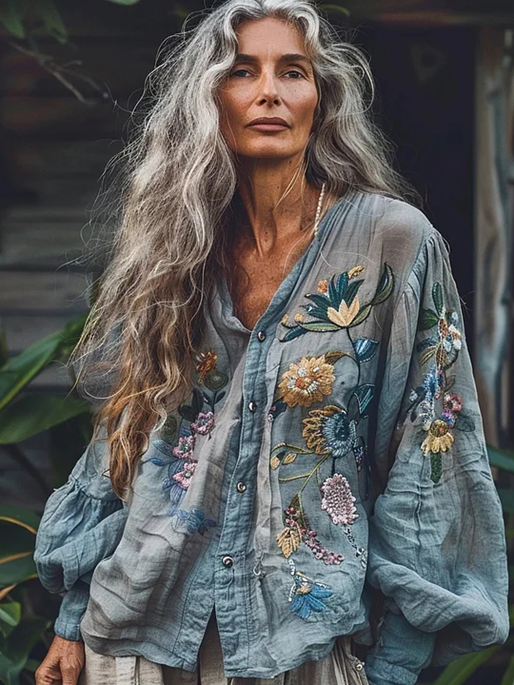 Vintage Bohemian Style Linen Floral Art Print  Long Sleeve Shirt