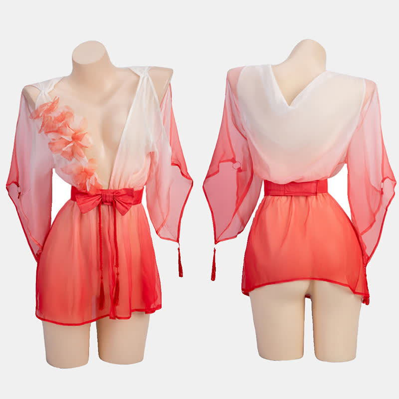 3D Flower Decor Colorblock Vintage Kimono Lingerie Set