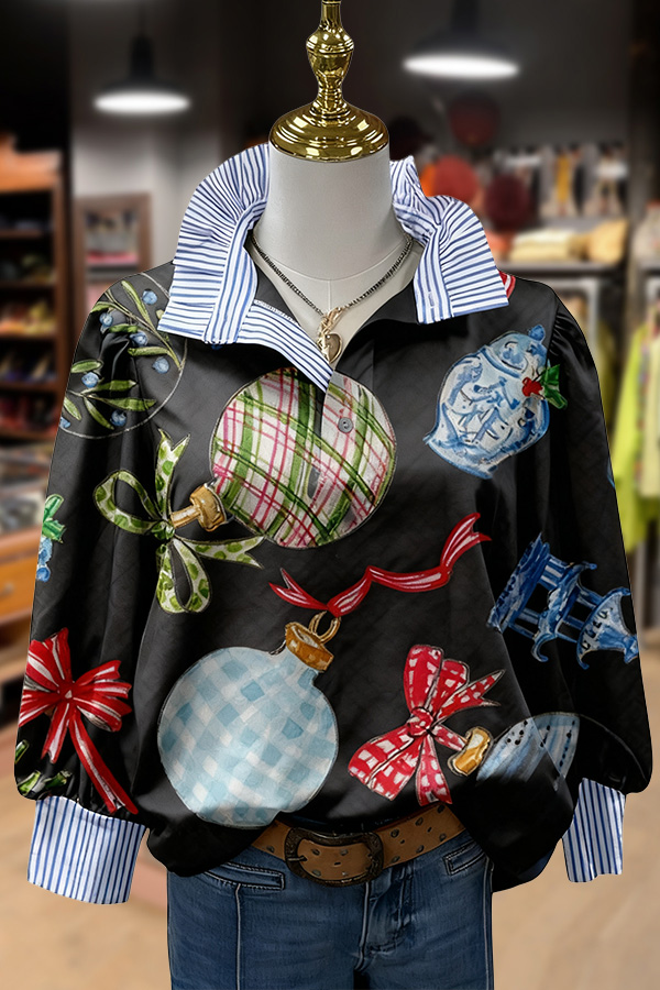 Christmas Ornaments Print Striped Collar Top