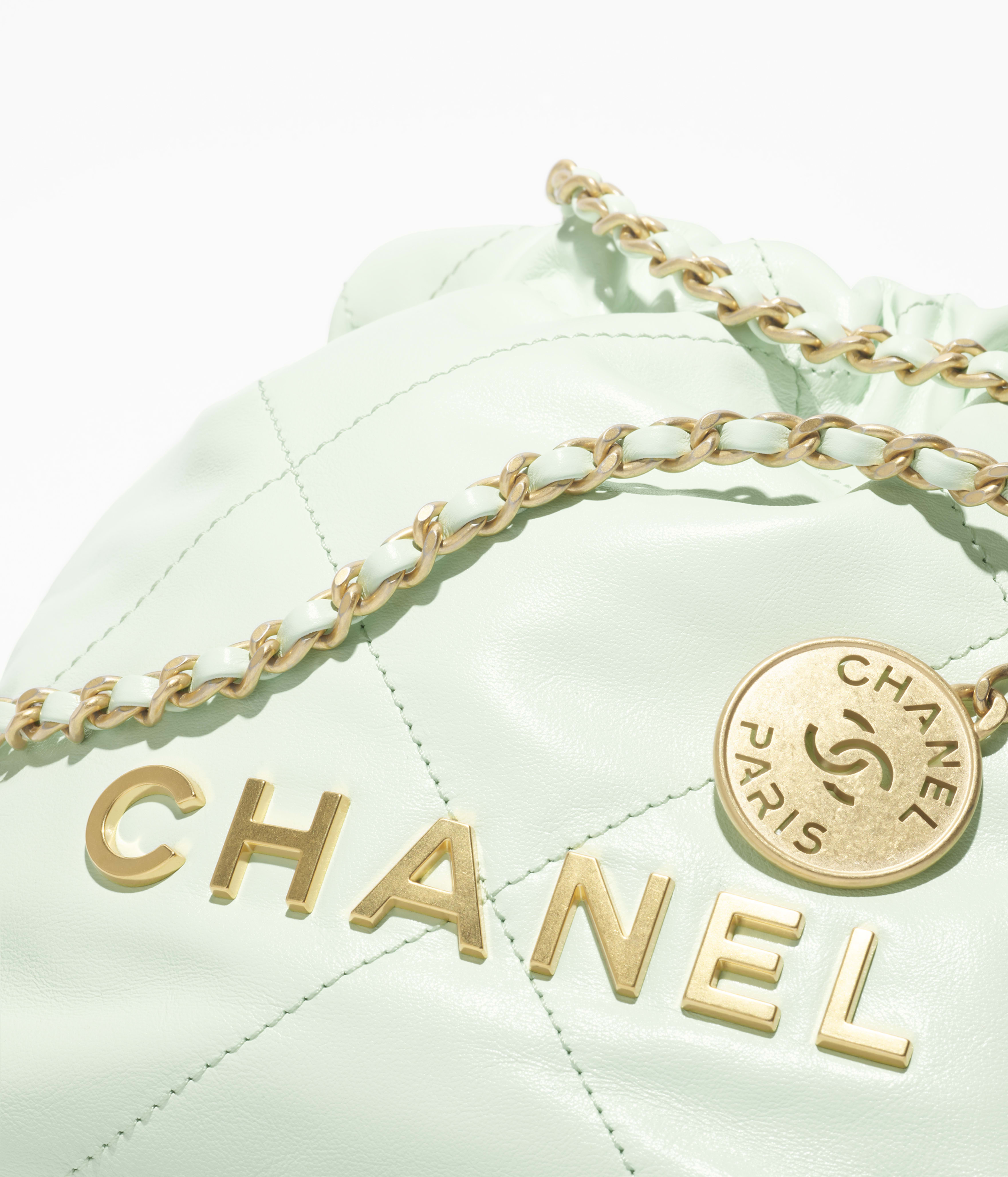 CHANEL 22 Mini Handbag Shiny Calfskin & Gold-Tone Metal Light Green AS3980-B19059-NAGER