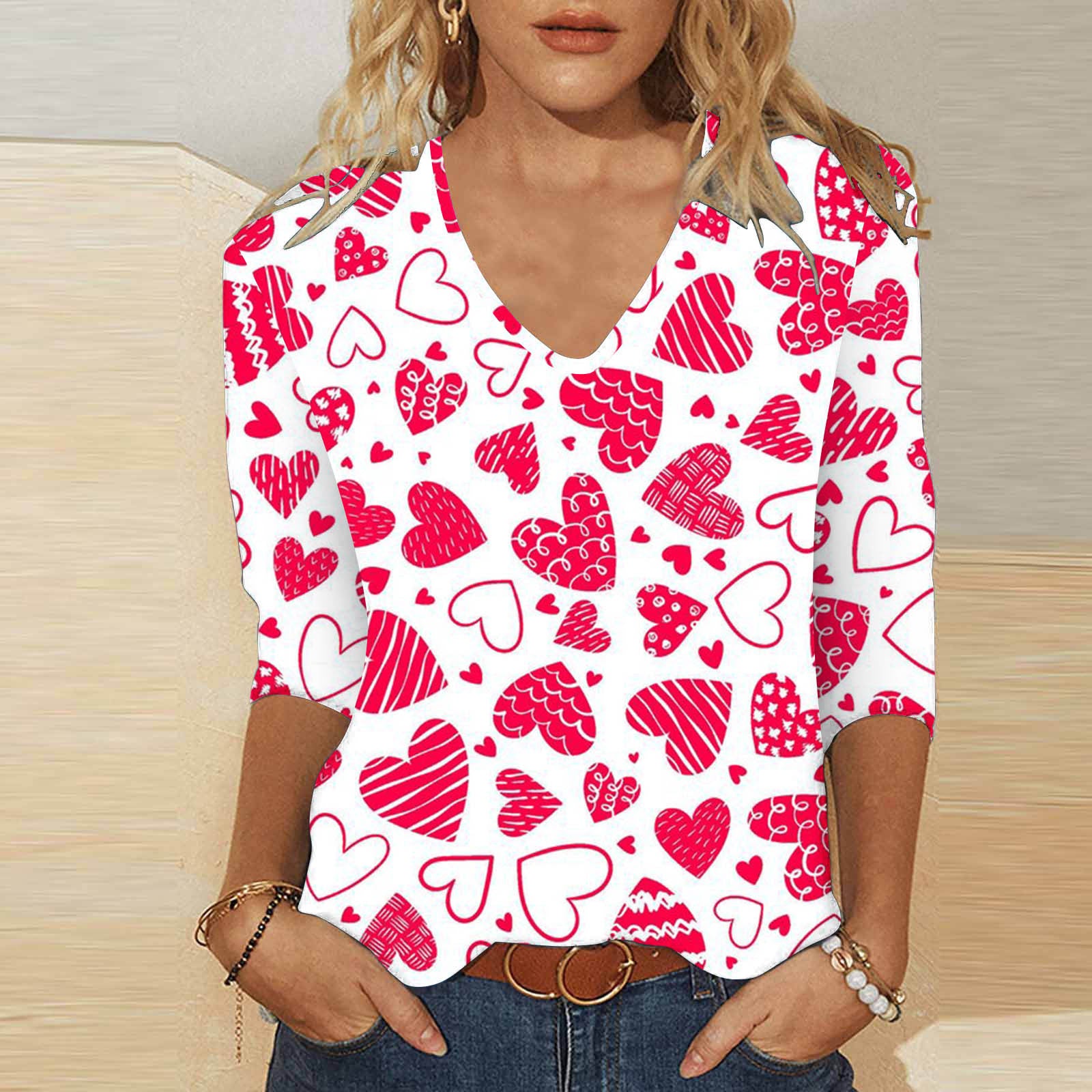 3d Digital Printing Valentine's Day Heart Printing Women's Cute Casual Loose V-neck 34 Sleeves T-shirt
