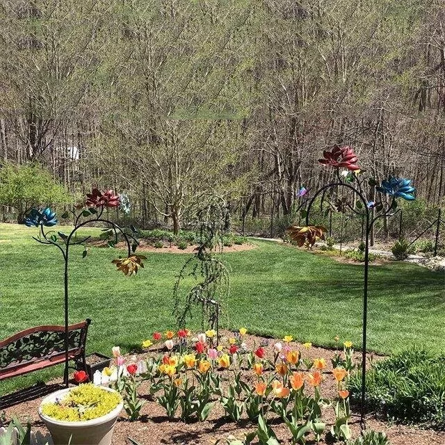 Large Metal Wind Spinner with Three Spinning Flowers and Butterflies
