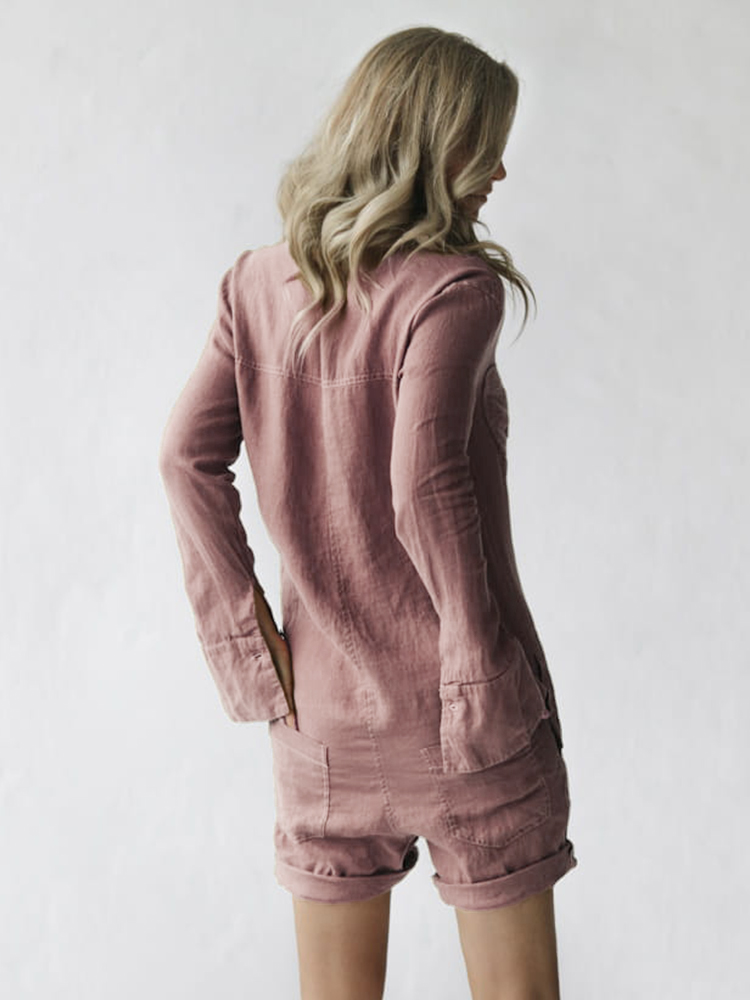 Button Up Short Linen Jumpsuit