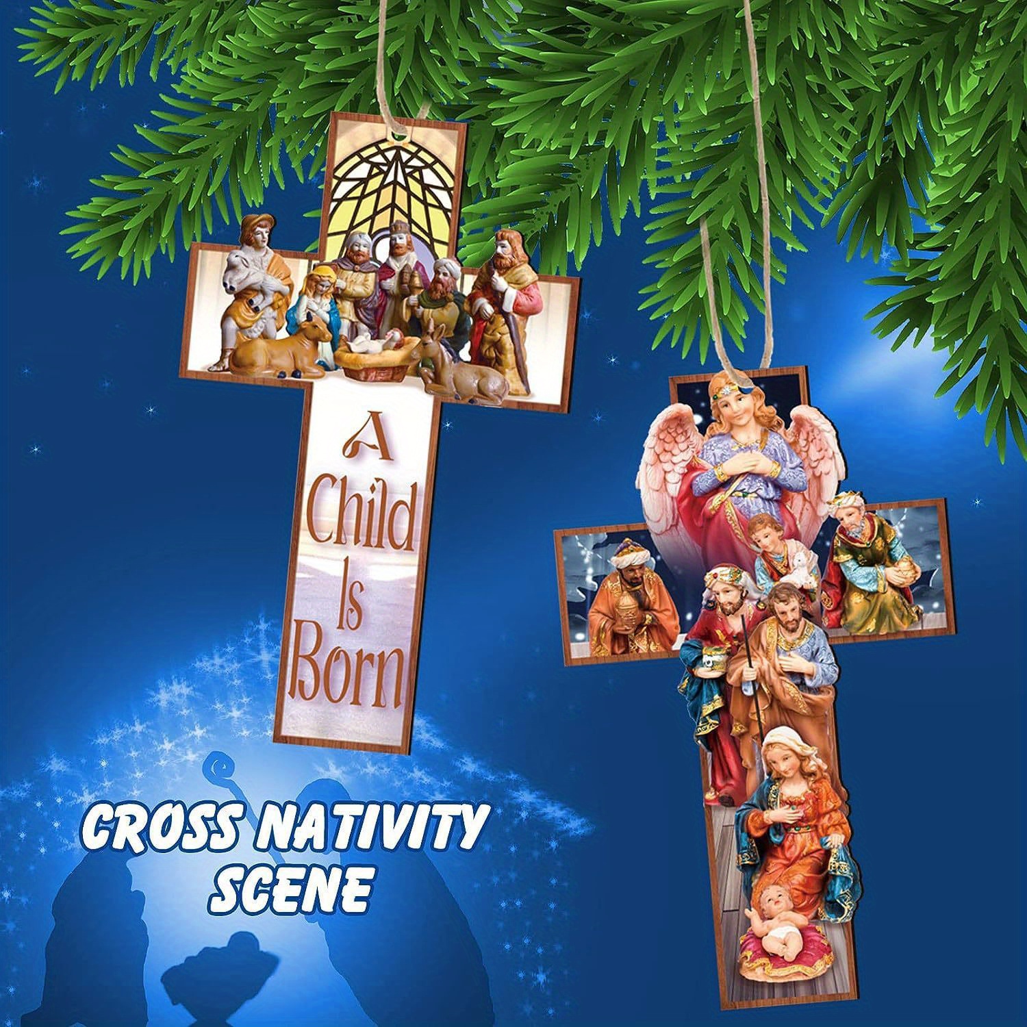 🔥ON SALE🔥Holy Night Nativity Hanging Wooden Cross Ornaments