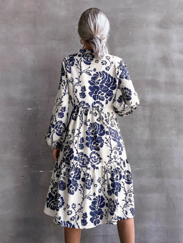 Autumn new style women's elegant temperament, elegant wind lapel long-sleeved floral midi dress
