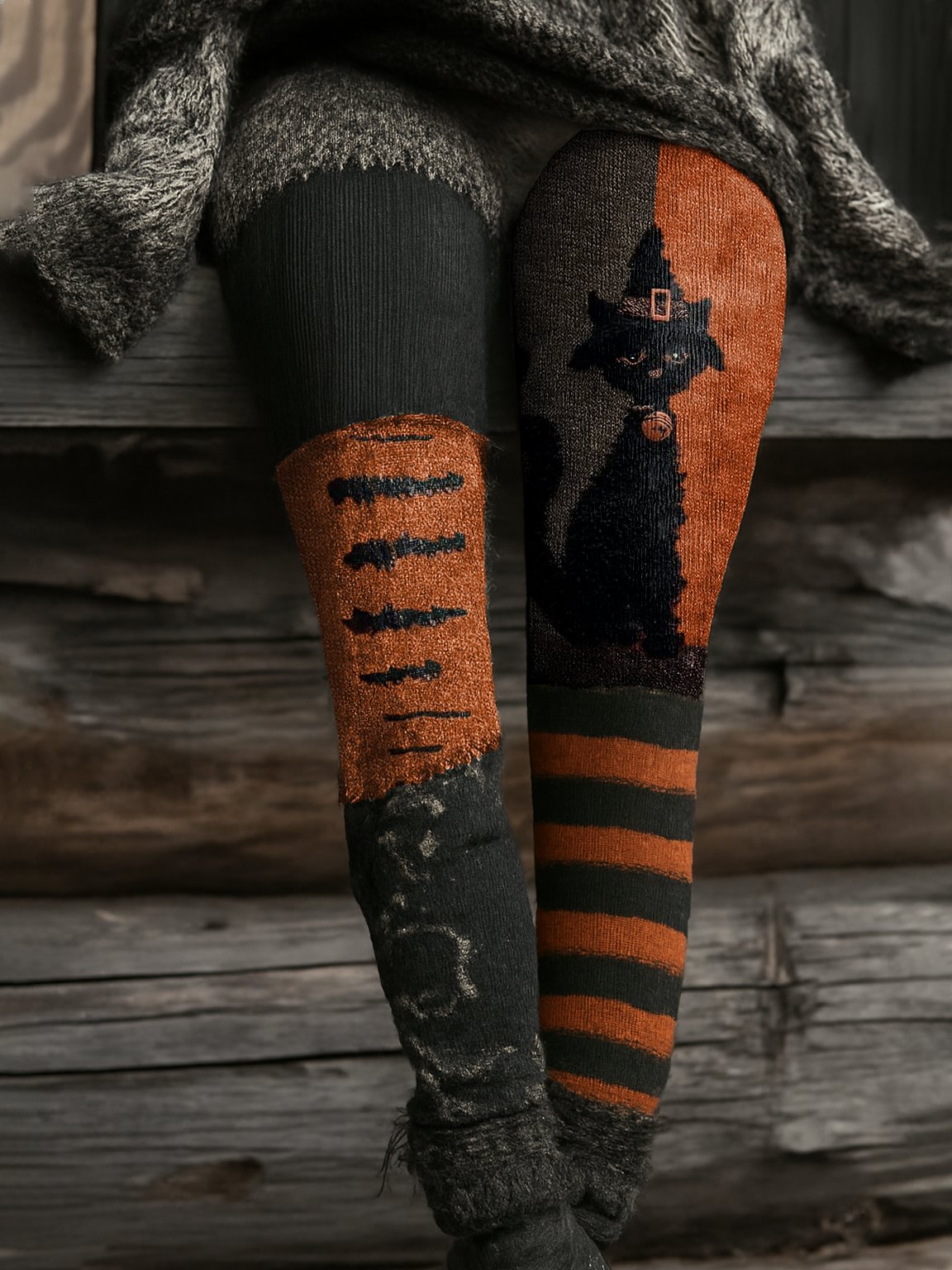 Women's Retro Halloween Contrast Color Comfortable Knitted Print Leggings