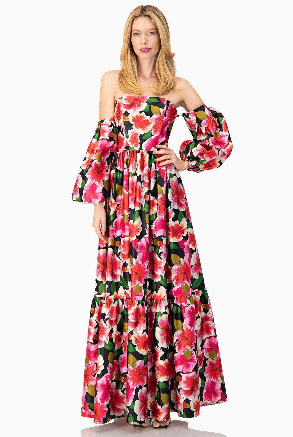 Vestido largo corte strapless y estampado floral