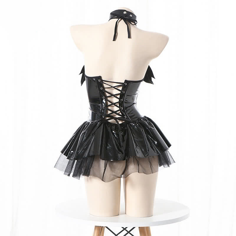 Halter Lace Up Little Demon PU Lingerie Set