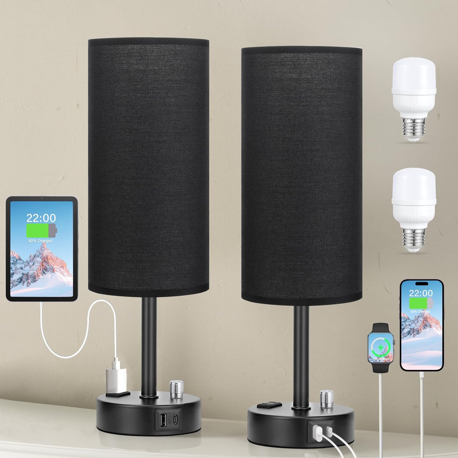 Bedside Table Lamp for Bedroom - 3 Way Dimmable Touch Lamp USB C Charging Ports and AC Outlet, Small Lamp Wood Base Round Flaxen Fabric Shade for Living Room, Desk, LED Bulb Included