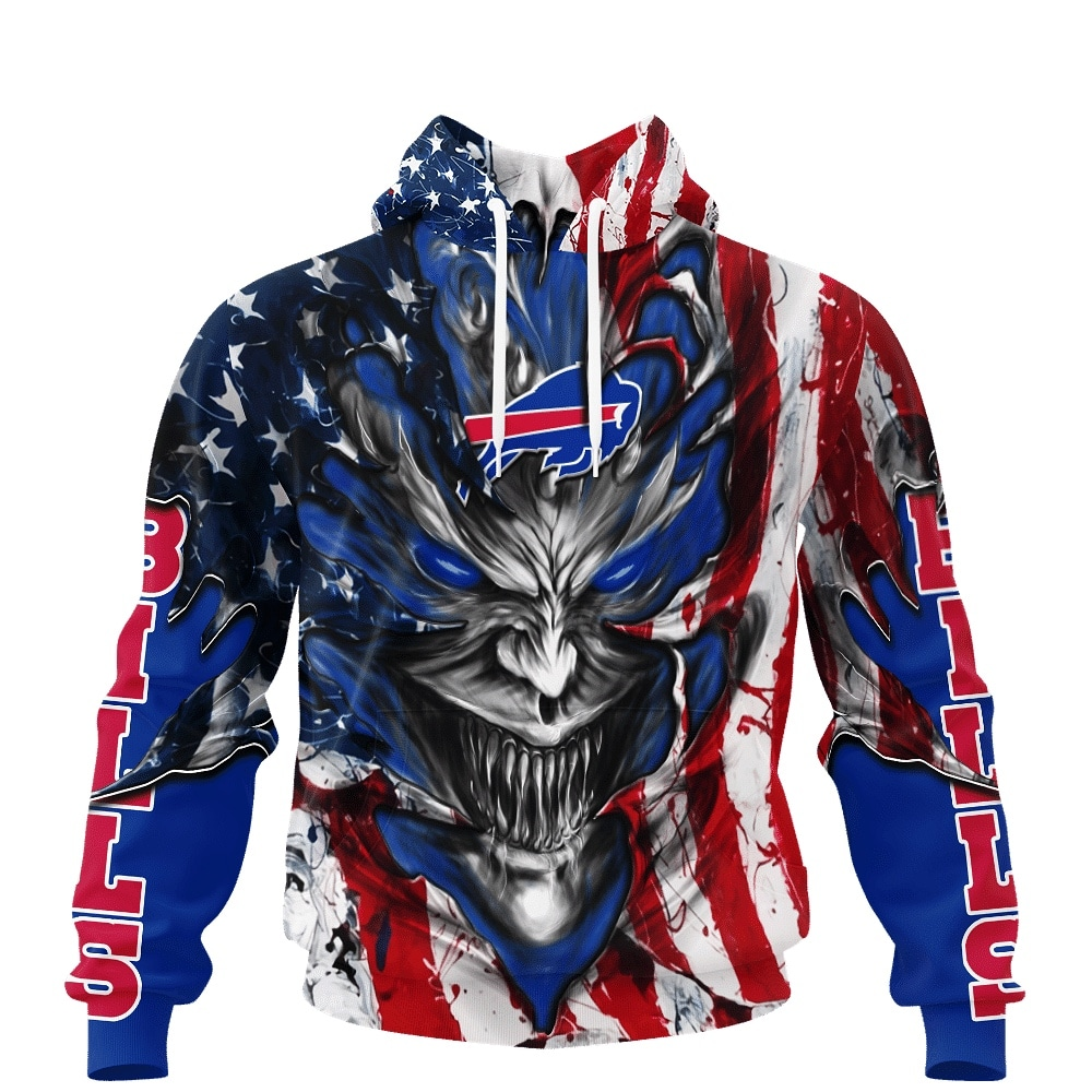 BUFFALO BILLS DEMON FACE AMERICAN FLAG-3D UNISEX HOODIE