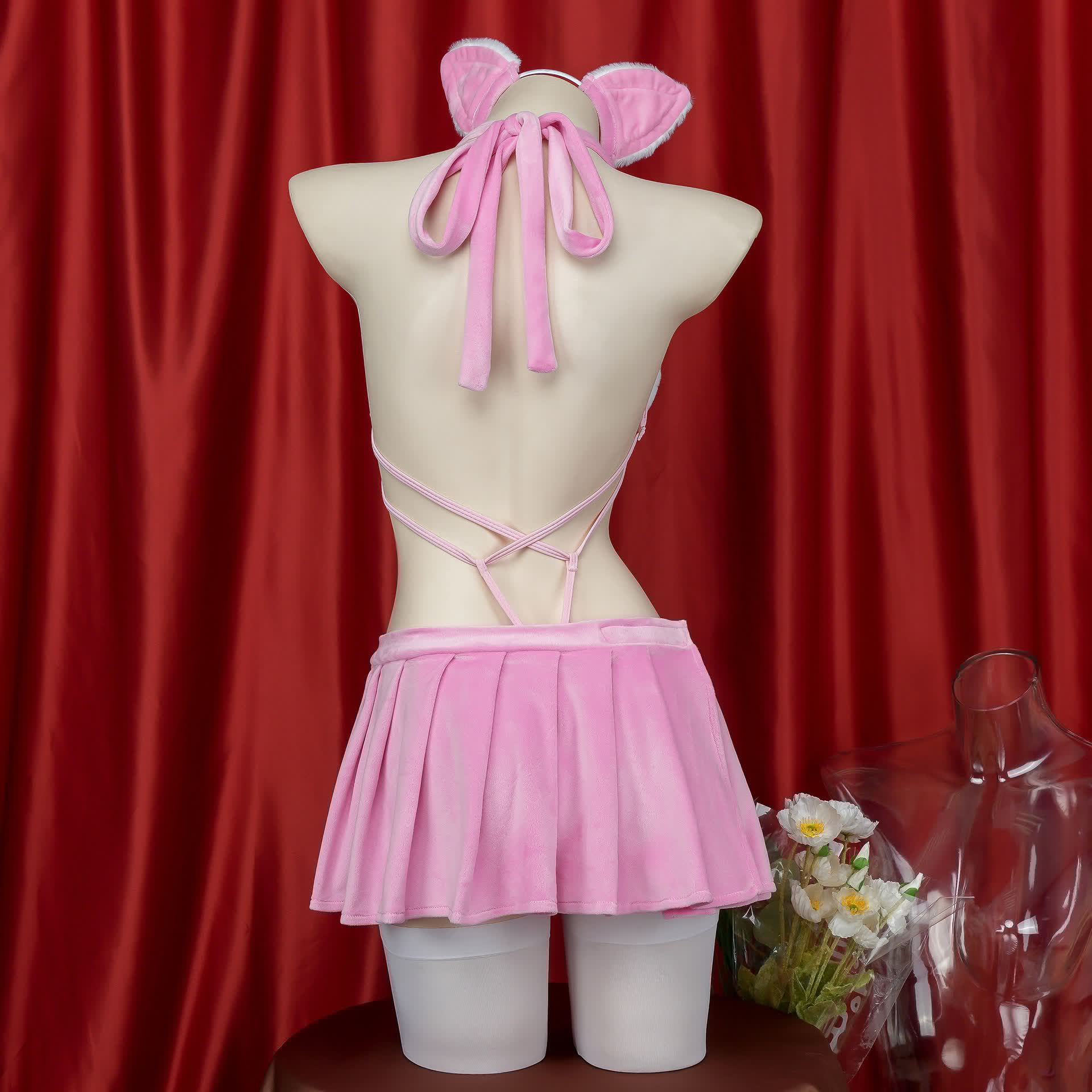 Cosplay Kitty Lace-up Jumpsuit Skirt Lingerie Set