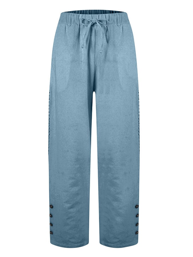 Casual Elegant Lace-Up With Pockets Buttons Lace Side Cotton Linen Trousers