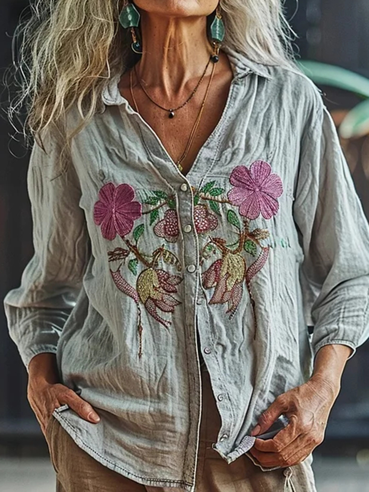 Bohemian Linen Floral Art Print  Long Sleeve Shirt