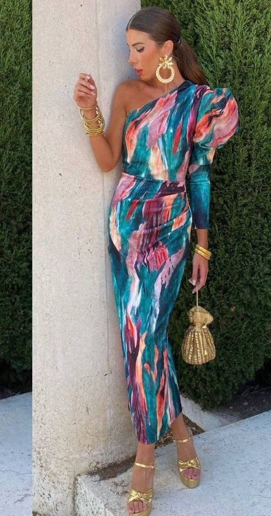 Purple Puff One Shoulder Midi Dress