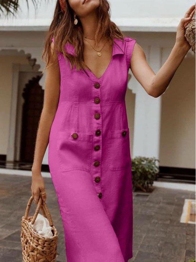 Ladies V-Neck Single Breasted Slim Fit Cotton Linen Dress