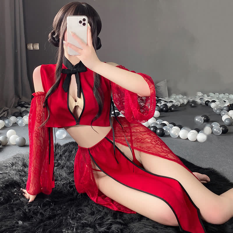 Vintage Han Costume Lace Hollow Out Cheongsam Lingerie