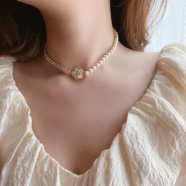 Camellia Flower Pearl Necklace Vintage